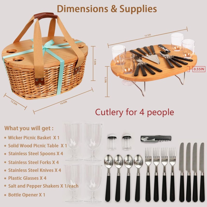 HapTim Wicker Picnic Basket Set for 4 with Mini Folding Wine Picnic Table & Large Insulated Cooler Bag & Cutlery Service Kits for 4 Person, Couples Gifts, Wedding Gifts (Y2209-4-CM) - Image 5
